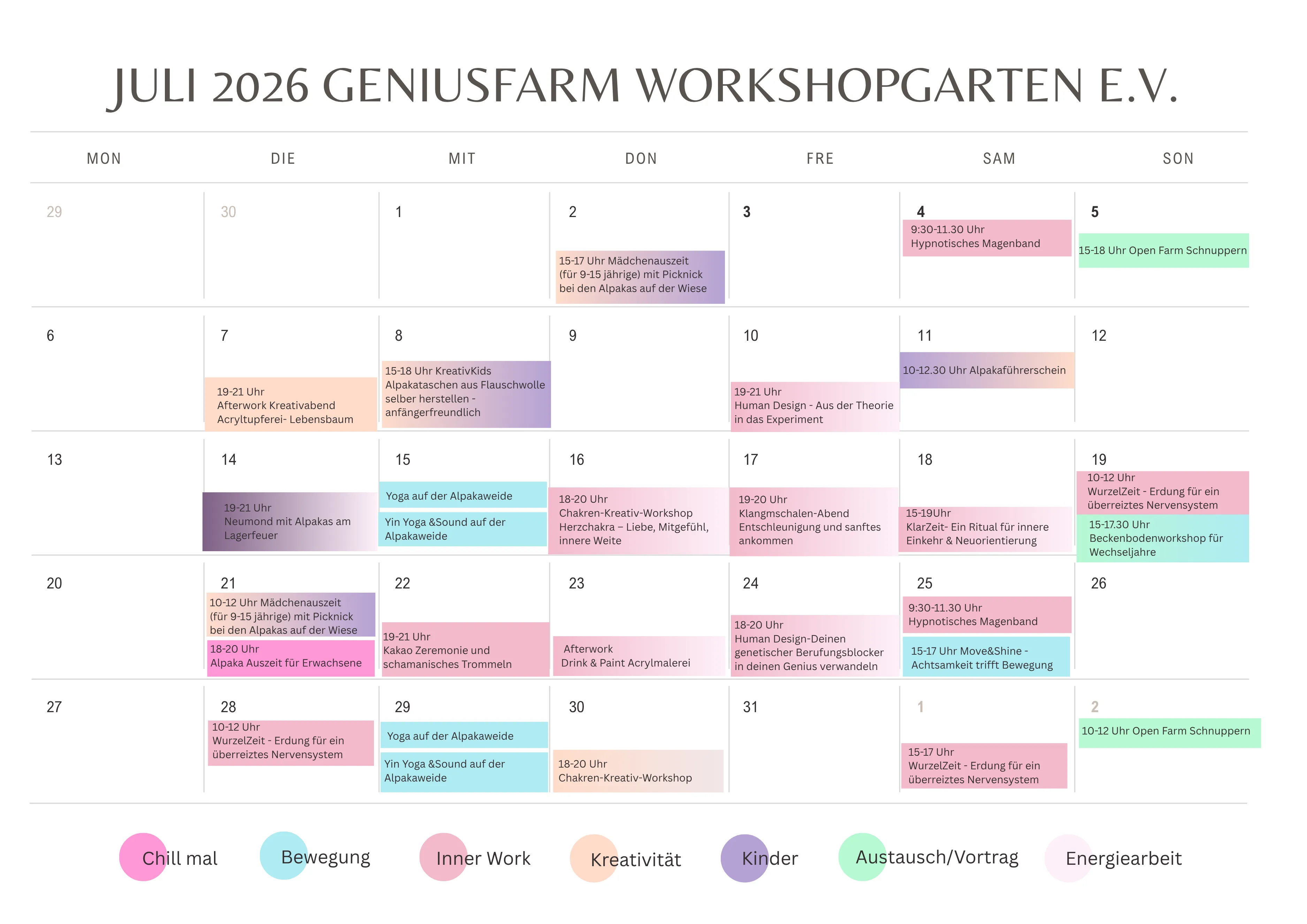 Kalender für Juli 2026 mit Workshops und Veranstaltungen, darunter "Mädchenauszeit", "Afterwork Kreativabend", "Alpakaführerschein", "KlarZeit", "WurzelZeit" und "Yoga auf der Alpakaweide".